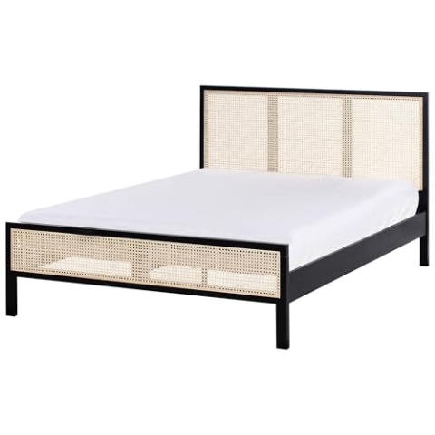 Beliani Bett Kiefernholz schwarz mit Wiener Geflecht Kopfteil 140 x 200 cm Salernas