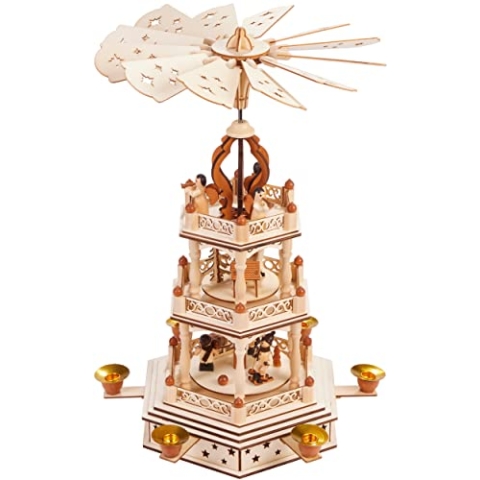 BRUBAKER Weihnachtspyramide - 3-stöckige drehbare Holzpyramide - Weihnachtsdekoration mit 3 Etagen - 44 cm Höhe - handbemalte Figuren Weihnachten - Natur Braun