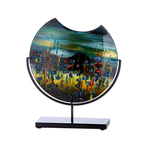 GILDE GLAS art Deko runde Vase auf schwarzem Metall Fuß - handbemalt mit Glaselementen - Kunstobjekt Mehrfarbig Höhe 37 cm