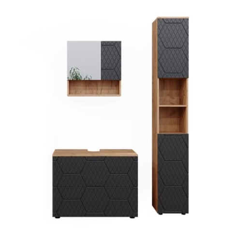 Vicco Badmöbel-Set Irma, Goldkraft Eiche/Anthrazit, 3 Teile, mit Schubladenschrank und Hochschrank