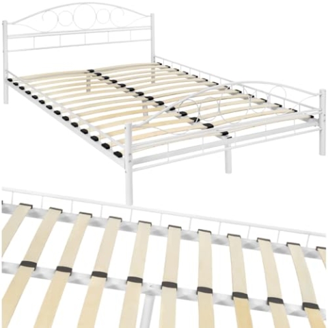 tectake® Metallbett, Bettgestell mit Lattenrost, Einzelbett, Doppelbett aus Metall, Bettrahmen mit Kopfteil Bett für Schlafzimmer, Gästezimmer, Gästebett, Jugendzimmer - 200 x 140 cm, weiß/weiß