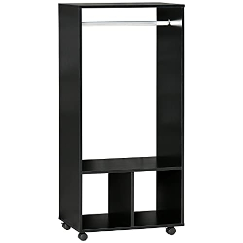 HOMCOM Mobiler Kleiderschrank Garderobe Schrank mit Regal 4 Schwenkräder für Wohnzimmer Schlafzimmer, Aluminiumlegierungen, 60 x 40 x 128 cm, Schwarz