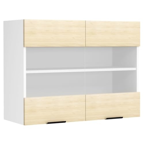 VCM Küchenschrank hängend | Maße ca. H. 60 x B. 80 x T. 31 cm | Hängeschrank mit Zwei Drehtüren | Küchenschrank mit Glas | Küchenmöbel – Fasola Weiß/Honig-Eiche