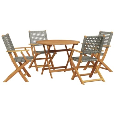 vidaXL Garten Essgruppe 5-TLG., Gartenmöbel Set Tisch 4 Stühle, Gartengarnitur Klappbar, Sitzgruppe für Terrasse Garten, Grau Poly Rattan Massivholz