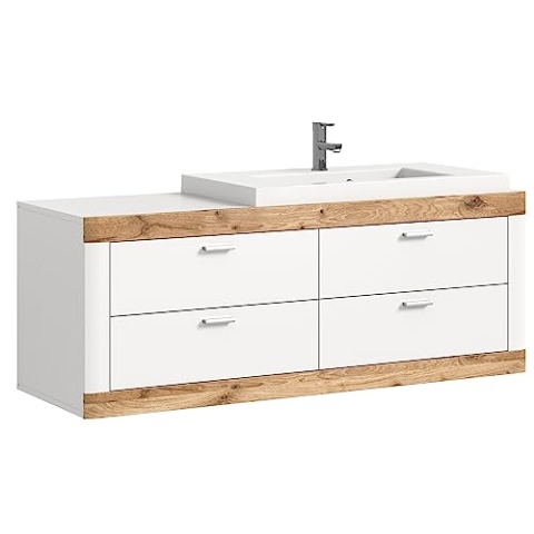 xonox.home Badezimmer Laredo Waschbeckenunterschrank Unterschrank Waschtischunterschrank hängend in Front weiß matt tiefzieh Korpus weiß Melamin Abs.Nox Oak, ca.132x50x48 cm inkl. Waschbecken