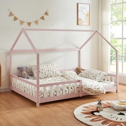 [en.casa] Kinderbett Hesel Hausbett Rosa 120 x 200 cm mit Rausfallschutz und Lattenrost Bodenbett Jugendbett Holzbett