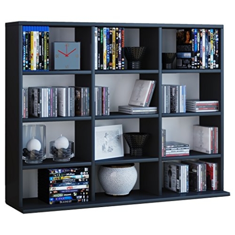 VCM Holzregal stehend | platzsparender CD-Schrank für 480 CDs oder 224 DVDs | Maße:H. 82 x B. 102 x T. 23 cm | Elegantes DVD Regal stehend | Blu-Ray Regal | CD Regal Megosa L Schwarz