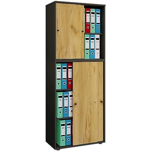 VCM Büroschrank mit 5 Fächern | moderner Aktenschrank mit Schiebetüren | Maße ca. B. 70 x H. 184 x T. 37 cm – Lona 5-Fach Anthrazit/Honig-Eiche
