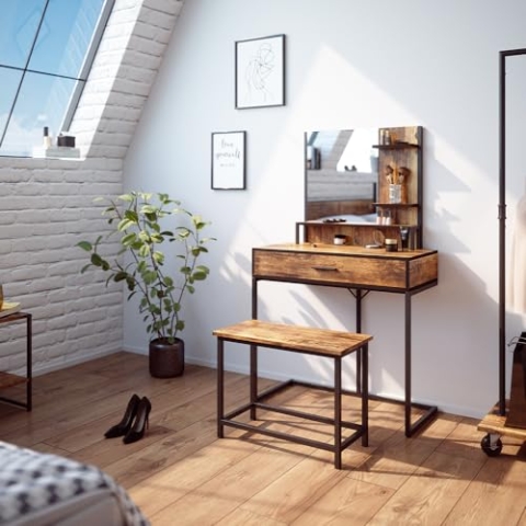 Vicco Schminktisch Fyrk, Kosmetiktisch mit Spiegel, Eiche rustikal/Schwarz, 80 cm mit Stuhl