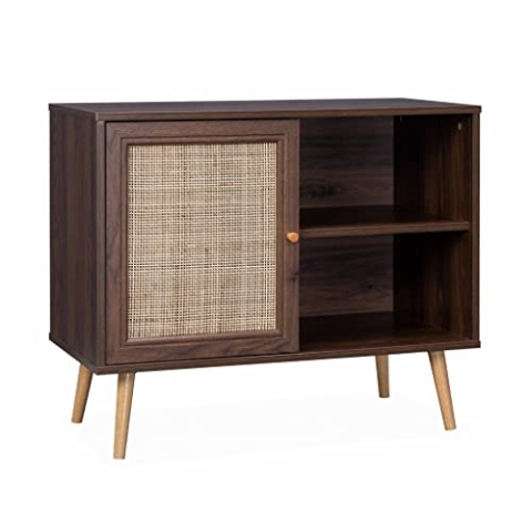 Sideboard Farbe Dunkles Holz mit Rattangeflecht 80 x 39 x 65,8 cm - 2 Ebenen - 1 Tür - Skandinavische Möbelbeine