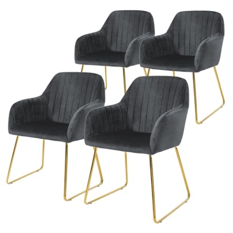 ML-Design Esszimmerstühle 4er Set, Sitzfläche aus Samt, Grau, Wohnzimmerstuhl mit Rücken- und Armlehnen, Küchenstuhl Gold Beine, Polsterstuhl mit Metallgestell, Ergonomische Sessel für Esstisch