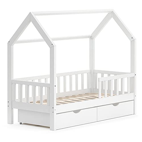 VitaliSpa Hausbett Wiki, Bett aus Holz, Weiß, 80x160 cm mit 2 Schubladen