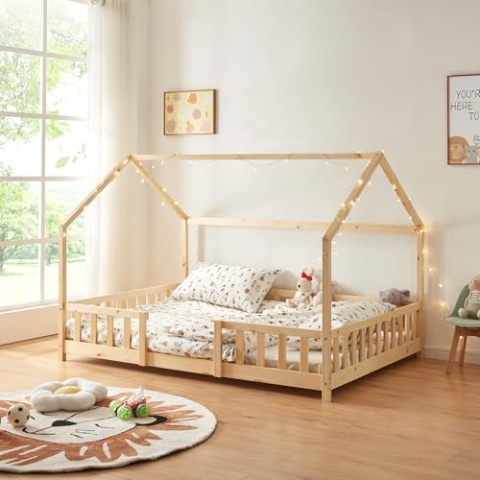 [en.casa] Kinderbett Sisimiut Hausbett 140 x 200 cm mit Rausfallschutz Holzbett für Kinder Bodenbett Lattenrost Kiefernholz Holzfarben