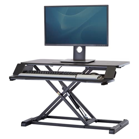 Fellowes höhenverstellbarer Sitz-Steh Schreibtischaufsatz Corsivo - stufenlos höhenverstellbar mit Gasfeder - Zwei Plattformen - ergonomischer Steharbeitsplatz für Büro & Homeoffice - schwarz