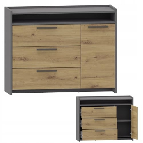 MATKAM Kommode ALTIVO 1D3SWO H80,6 x B101,6 x T35,9 cm mit 3 Schubladen, Elegantes Design, einfache Montage, perfekt für jeden Raum (Anthrazit Grau-Artisan Eiche)