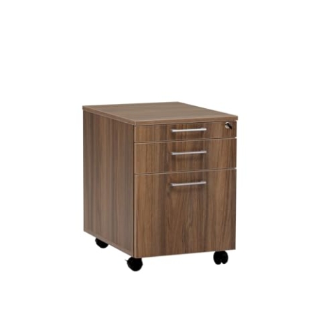 furni24 Rollcontainer, abschließbarer Aktenschrank mit Schubladen, Büroschrank mit Rollen, für Akten und Dokumente, fürs Büro, Schreibtischcontainer Holz, 3 Schübe Nussbaum, 43x59x57h