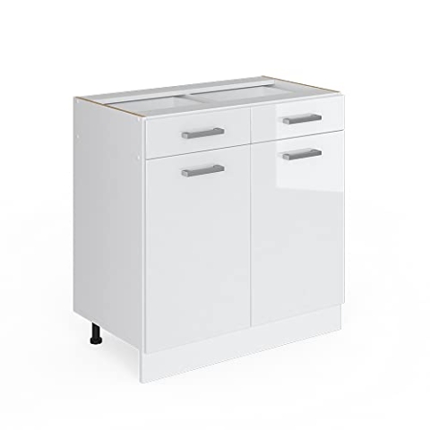 Vicco Unterschrank R-Line, Weiß Hochglanz/Weiß, 80 cm mit Schubladen und Türen, ohne Arbeitsplatte