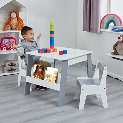 Liberty House Toys Kinder-Tisch- und Stuhl-Set mit Stauraum, Kinder weiß und grau, Bücherregal, Tisch und Stuhl-Set, 2-in-1 Spielset, Holztisch und Stuhl Set
