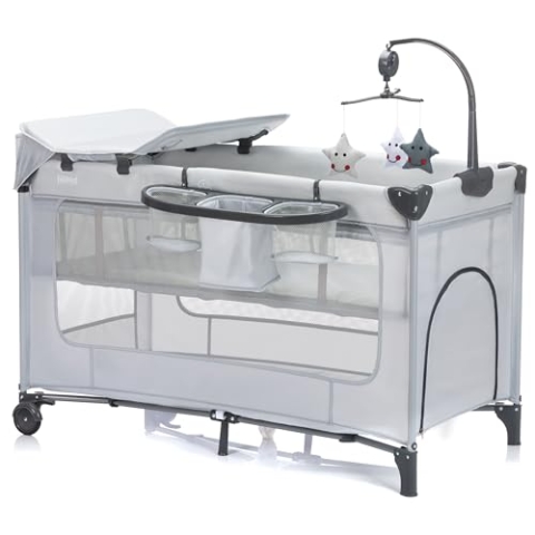 Fillikid Reisebett Capri – Baby Reisebett mit Rollen, höhenverstellbar | inkl. Mobile, Wickelauflage & Einstieg | Faltbares Bett für Babys & Kleinkinder (Grau)