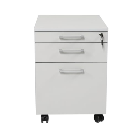 furni24 Rollcontainer, abschließbarer Aktenschrank mit Schubladen, Büroschrank mit Rollen, für Akten und Dokumente, fürs Büro, Schreibtischcontainer Holz, 3 Schübe Grau, 43x59x57h