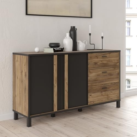 Forte HAYATO Sideboard mit 3 Schubladen und 2 Türen, Holzwerkstoff, Alpine Bicea/Schwarz, B x H x T: 154,5 x 85,2 x 42 cm