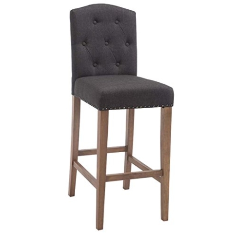 CLP Barhocker Louise, Stoff-Bezug, Holz-Gestell, Sitzhöhe 73 cm, Rückenlehne + Fußstütze, Kupfer Zierknöpfe an der Naht, mit Bodenschonern, Farbe:dunkelgrau, Gestell Farbe:antik-hell