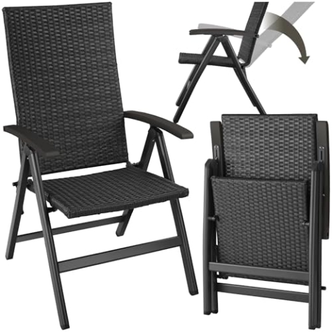 tectake® Alu Polyrattan Gartenstuhl, klappbarer Sessel mit 6-Fach Verstellbarer Rückenlehne, wetterfest, Aluminiumgestell, Campingstuhl mit Holzarmlehnen, Stuhl für Garten, Balkon, Terrasse - schwarz