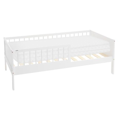 ML-Design Kinderbett 80x160 cm mit Matratze, Weiß, Einzelbett für Kinder mit Lattenrost und Rausfallschutz, Jugendbett aus Kiefernholz, Holzbett, Bettgestell für Jungen & Mädchen, Massivholz Babybett