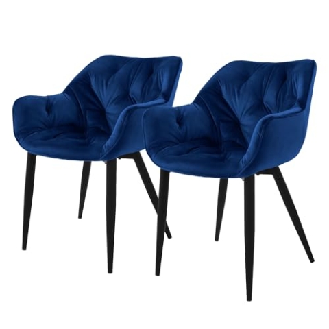 ML-Design Esszimmerstühle 2er Set Dunkelblau, Küchenstuhl mit dickem Samtstoff gepolsterter Sitz, Metallbeinen, Wohnzimmerstuhl mit Rücken- und Armlehnen, Gesteppter Polsterstuhl, Ergonomischer Sessel