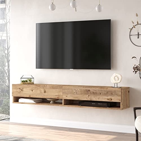 [en.casa] TV Board Laitila TV Schrank mit 2 Ablagen 2 Schranktüren Lowboard Fernsehtisch 180 x 31,5 x 29,5 cm Sideboard hängend Eiche rustikal