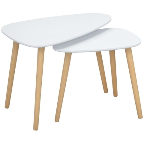 HOMCOM 2er Set Beistelltische, platzsparende Satztische, Couchtische mit Holzbeinen, Sofatische im Skandi-Design für Wohnzimmer Belastbar bis 10 kg Weiß+Natur