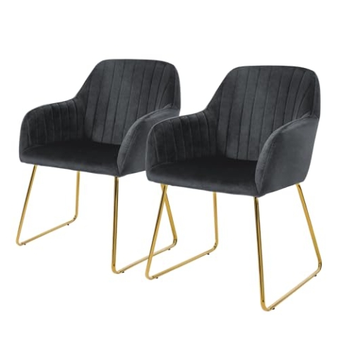 ML-Design Esszimmerstühle 2er Set, Sitzfläche aus Samt, Grau, Wohnzimmerstuhl mit Rücken- und Armlehnen, Küchenstuhl Gold Beine, Polsterstuhl mit Metallgestell, Ergonomische Sessel für Esstisch