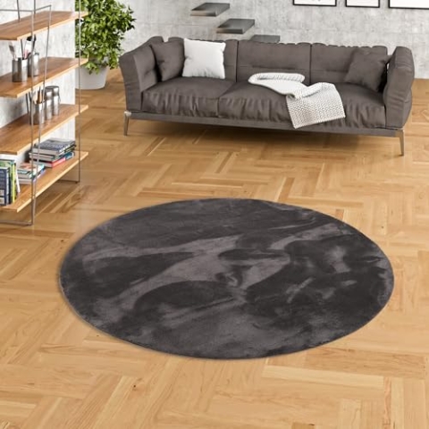 Pergamon Kunstfaser Teppich Wohnzimmer Luxus Super Soft Fellteppich Pearl Anthrazit Rund in 3 Größen