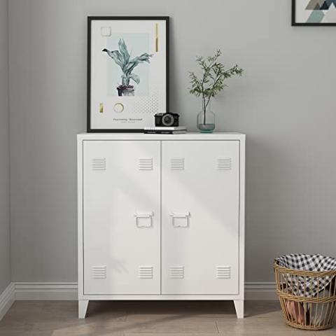 [en.casa] Metallschrank Oripää Wohnzimmerschrank 90 x 80 x 33 cm Aktenschrank Werkstattschrank mit 2 Türen und Einer höhenverstellbaren Ablage Weiß
