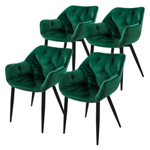 ML-Design Esszimmerstühle 4er Set Dunkelgrün, Küchenstuhl mit dickem Samtstoff gepolsterter Sitz, Metallbeinen, Wohnzimmerstuhl mit Rücken- und Armlehnen, Gesteppter Polsterstuhl, Ergonomischer Sessel