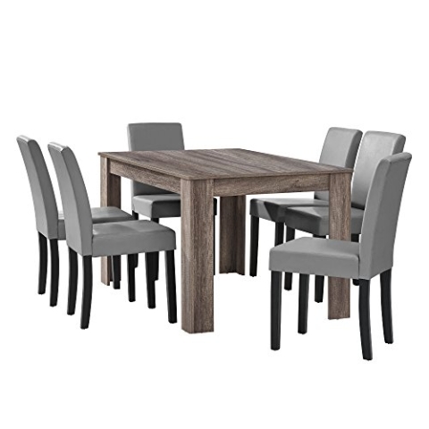 [en.casa] Esstisch Eiche antik mit 6 Stühlen hellgrau Kunstleder gepolstert 140x90 Essgruppe Esszimmer