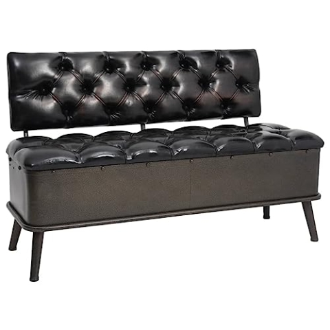 Bussandri Exclusive - Sitzbank mit Stauraum und Rückenlehne 110cm Schwarz Kunstleder