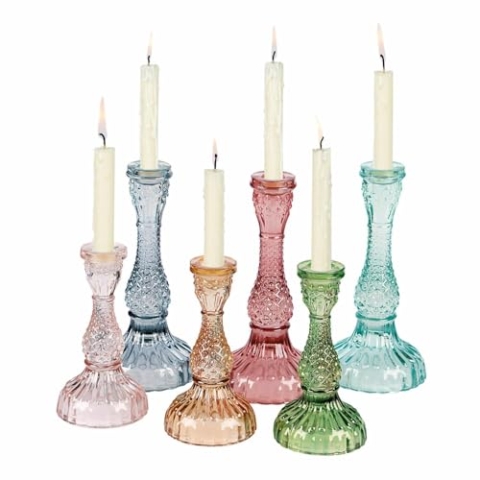 Loberon Kerzenständer 6er Set Moana, Verschiedene Größen, klassischer Antik-Look in modernen Farben, für Stabkerzen, Kerzenhalter, Kerzenleuchter, Ostern, Osterdeko, Glas, bunt
