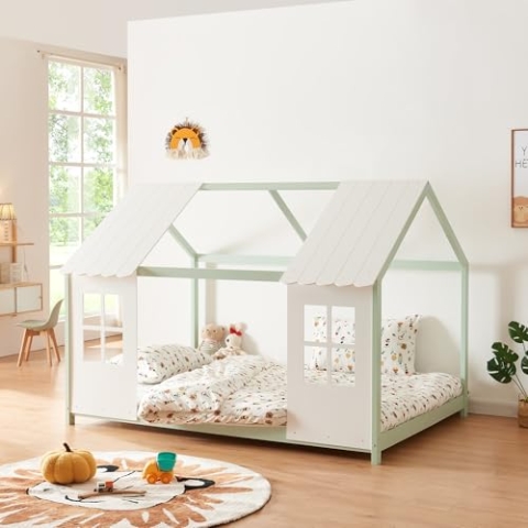 [en.casa] Kinderbett Tostedt Hausbett Jugendbett Bettenhaus Spielbett Halboffenes Design Montessori Bett aus massiver Kiefer Bettgestell Holz 120x200cm Mintgrün/Weiß
