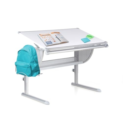 hjh OFFICE 705100 Kinderschreibtisch neigbar & höhenverstellbar Belia Schreibtisch mit Ablage, Weiß/Silber