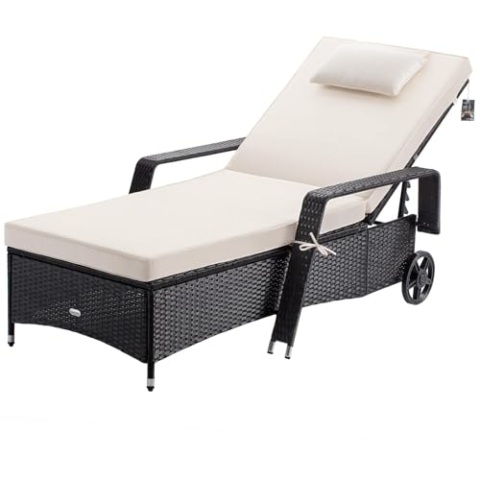 Casaria® Sonnenliege mit Rollen 7cm Auflage Extra Breit 90cm Gartenliege Wetterfest 165kg Belastbar Verstellbar Terrasse Balkonmöbel Liegestuhl Schwarz Creme