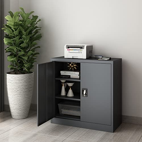 [en.casa] Aktenschrank Molise 90 x 40 x 90 cm Büroschrank mit 2 Türen Stahlschrank mit 2 höhenverstellbaren Einlegeböden Metallschrank abschließbar Stahl Dunkelgrau