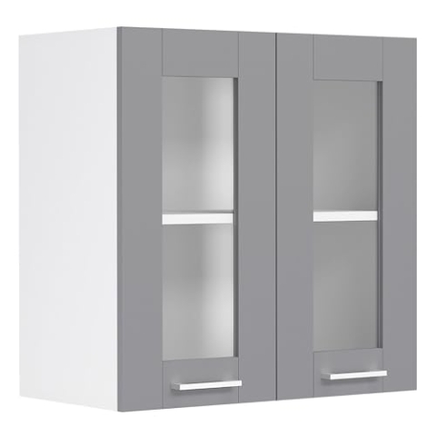 VCM Küchenschrank hängend | Maße ca. H. 60 x B. 80 x T. 31 cm | Hängeschrank mit Zwei Drehtüren im Landhaus Stil | Küchenschrank mit Glas | Küchenmöbel – Colura Weiß/Anthrazit