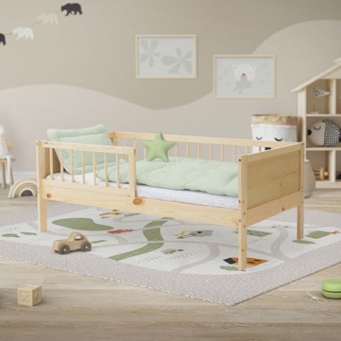 ML-Design Kinderbett 70x140 cm, Natur, Einzelbett für Kinder mit Lattenrost & Rausfallschutz, Jugendbett aus Kiefernholz, Holzbett, Bettgestell für Jungen & Mädchen, Massivholz Babybett Kleinkindbett
