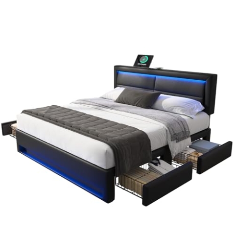 OKYION Polsterbett Funktionelles 140 x 200 cm mit USB-Ladeanschluss(unterstützt kabelloses und kabelgebundenes Laden), Doppelbett Stauraumbett mit LED-Beleuchtung, PU Schwarz (Ohne Matratze)