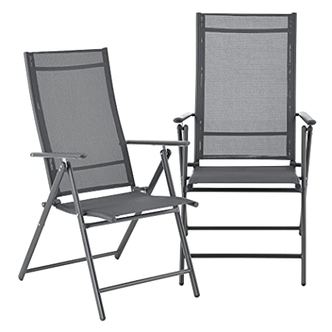 [en.casa] Gartenstuhl Kalamata 2er Set Hochlehner mit Armlehnen Gartenstühle 105 x 57 x 68 cm Balkonstuhl klappbar Klappstuhl Terassenstuhl Verstellbare Rückenlehne Metallgestell Dunkelgrau