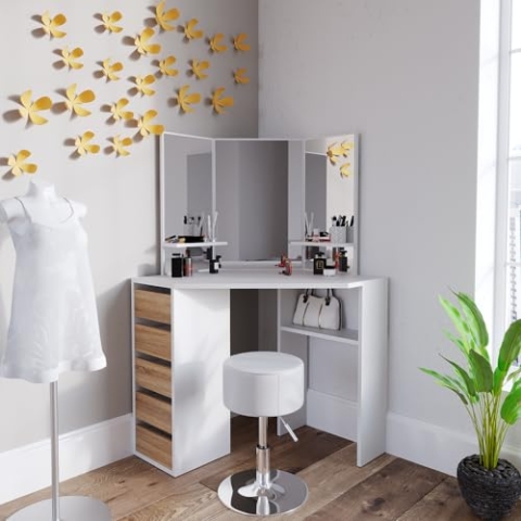 Vicco Eckschminktisch Arielle, Kosmetiktisch mit Spiegel, Weiß/Sonoma/Sonoma, 110 cm mit Hocker