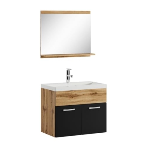 Badplaats B.V. Badezimmer Badmöbel Set Montreal 02 60cm Waschbecken Eiche mit mat Schwarz - Unterschrank Waschtisch Spiegel Möbel