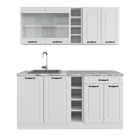 Vicco Singleküche R-Line, Küchenzeile Single, Weiß Landhaus/Weiß, 160 cm, AP Marmor