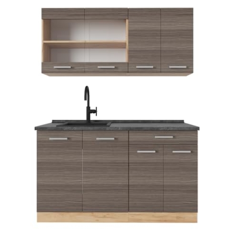 Vicco Singleküche R-Line, Edelgrau/Goldkraft Eiche, 140 cm, AP Anthrazit